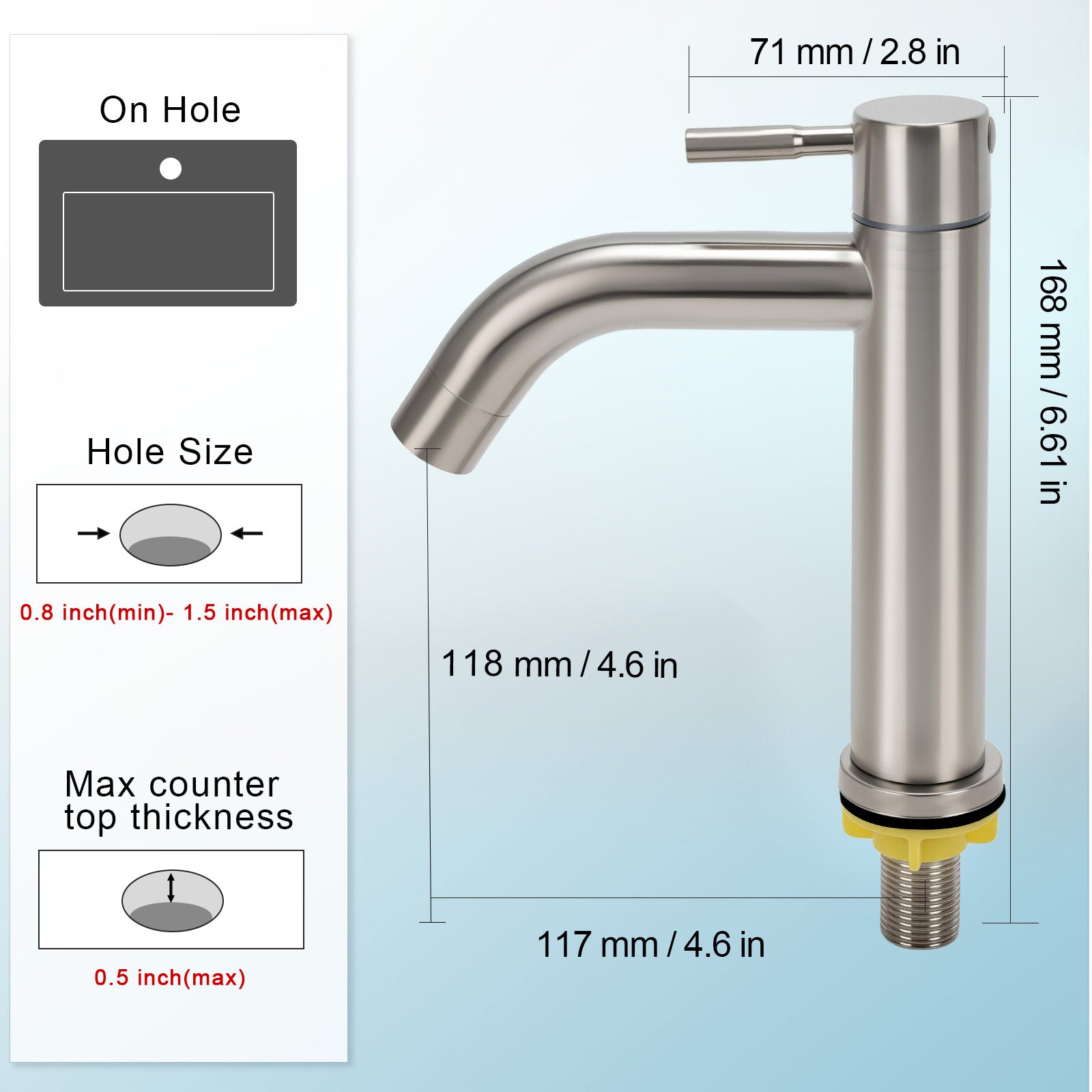 Stainless steel sink faucet with dimensions and installation guidelines on a light blue background