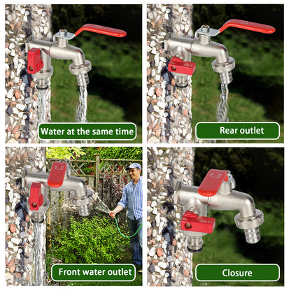 Garden faucet with multiple outlets shown in different positions and functions.