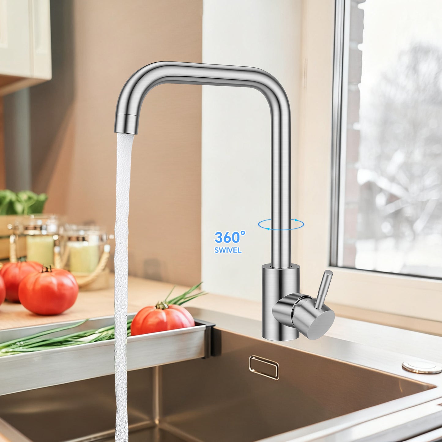 Modern kitchen faucet with water flowing in a well-lit kitchen.