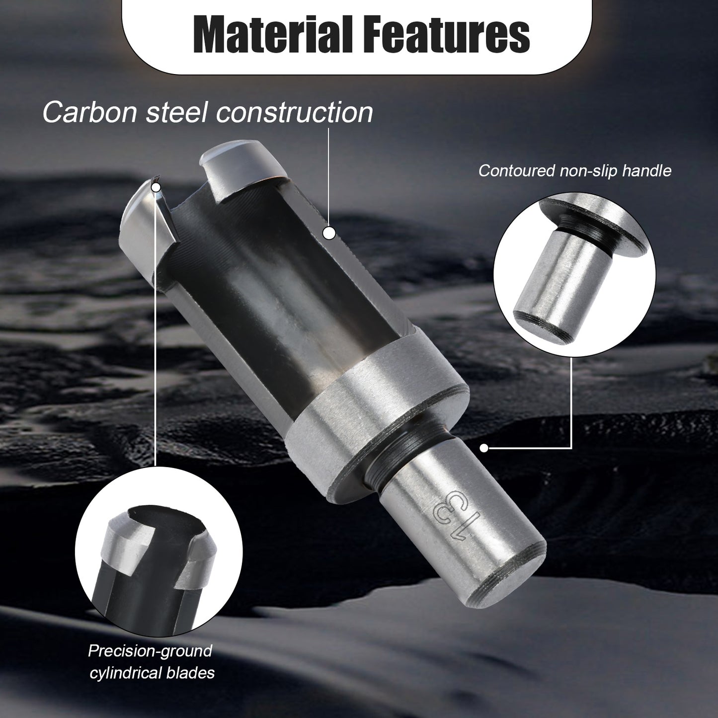 Tool with carbon steel construction features highlighted on a dark background