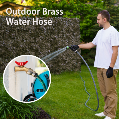 Man using an outdoor brass water hose in a garden setting with close-up of the hose nozzle.