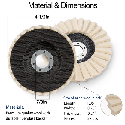 Two buffing wheels with material and dimensions labeled on a white background