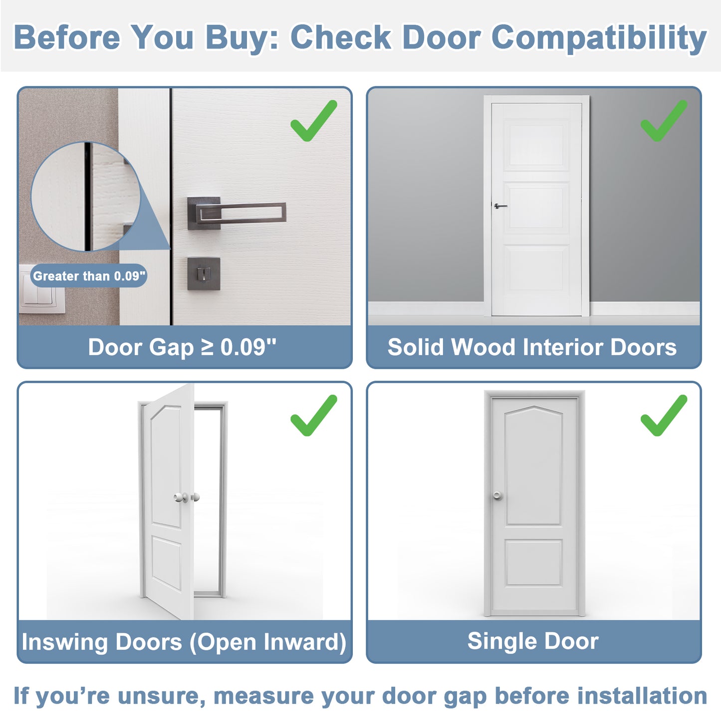Compatibility check for doors with text and icons indicating door gap, solid wood interior doors, inswing doors, and single doors.