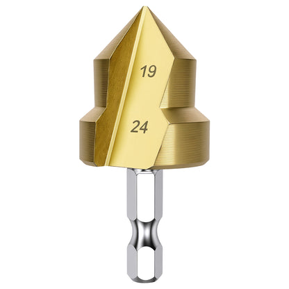 Gold drill bit with size markings on a white background