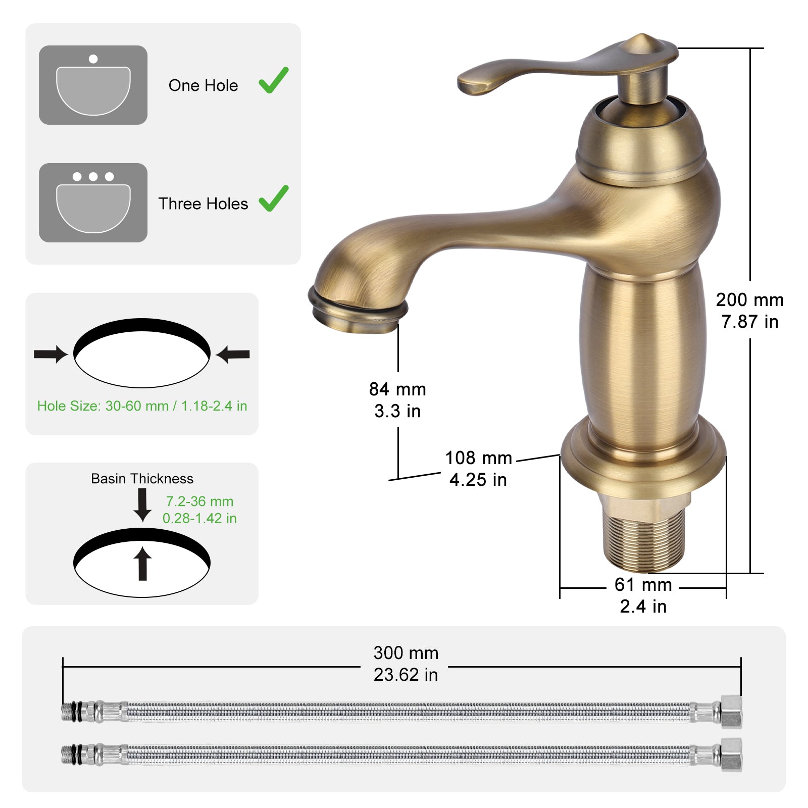 Bronze faucet with dimensions and installation guide on a white background