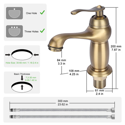 Bronze faucet with dimensions and installation guide on a white background