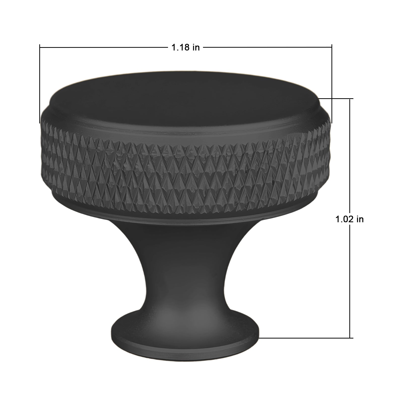 Black textured knob with dimensions on a white background