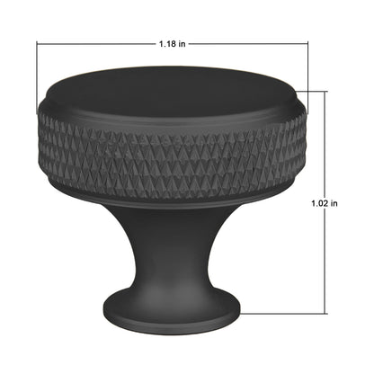 Black textured knob with dimensions on a white background
