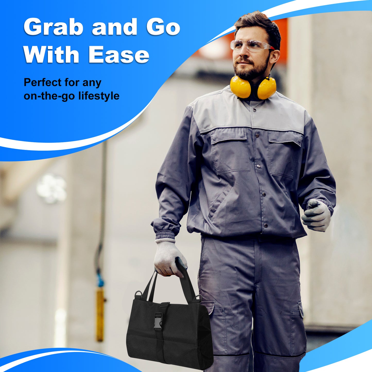 Person in work attire with a bag, wearing ear protection, in an indoor setting with promotional text.