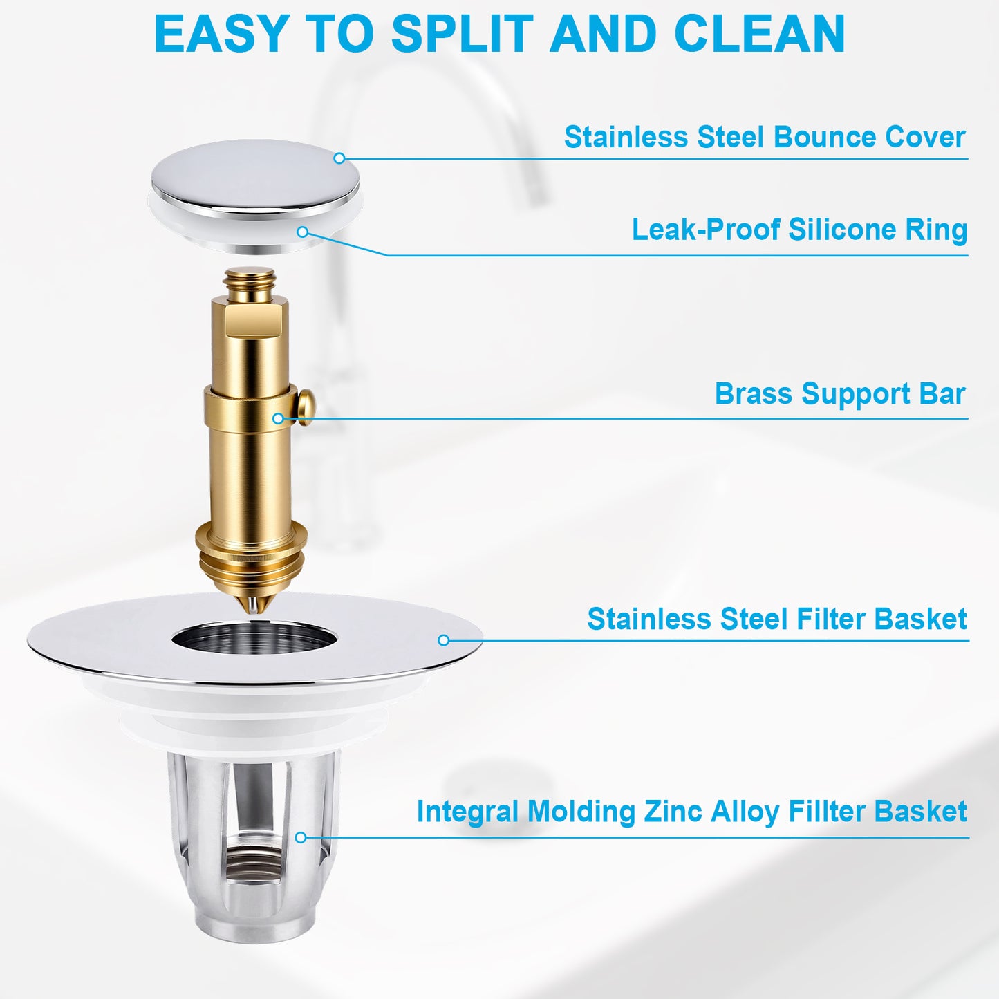 A sink drain assembly shown with labeled callouts: Stainless Steel Bounce Cover, Leak-Proof Silicone Ring, Brass Support Bar, Stainless Steel Filter Basket, and Integral Molding Zinc Alloy Filter Basket. The image includes the text 'EASY TO SPLIT AND CLEAN' at the top and is set against a clean white background.