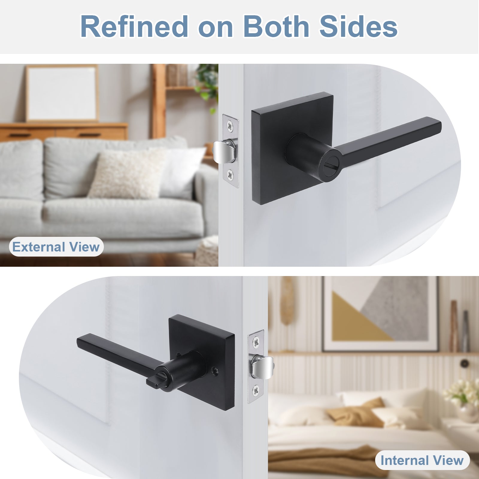 Black door handle on a white door with living room background