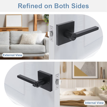 Black door handle on a white door with living room background