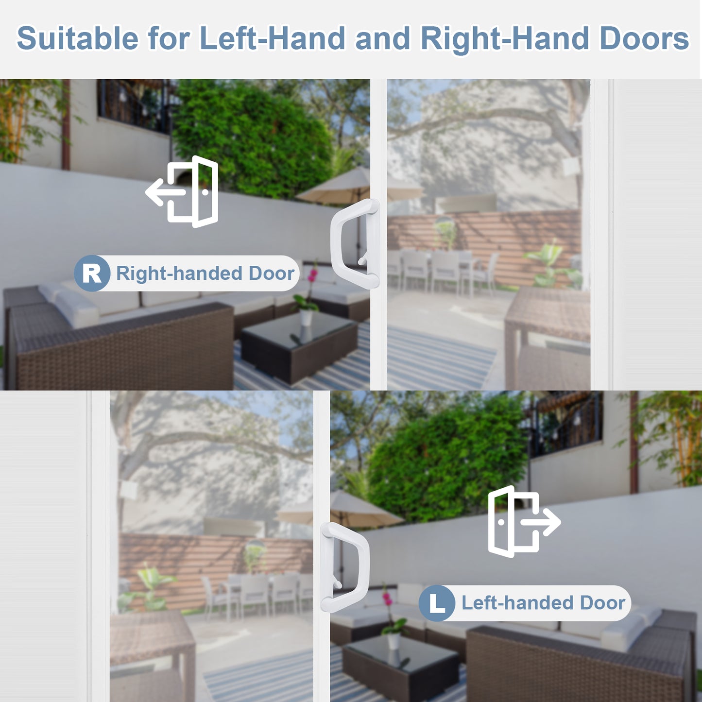 Outdoor patio area with furniture and a door suitable for left-hand and right-hand installation.