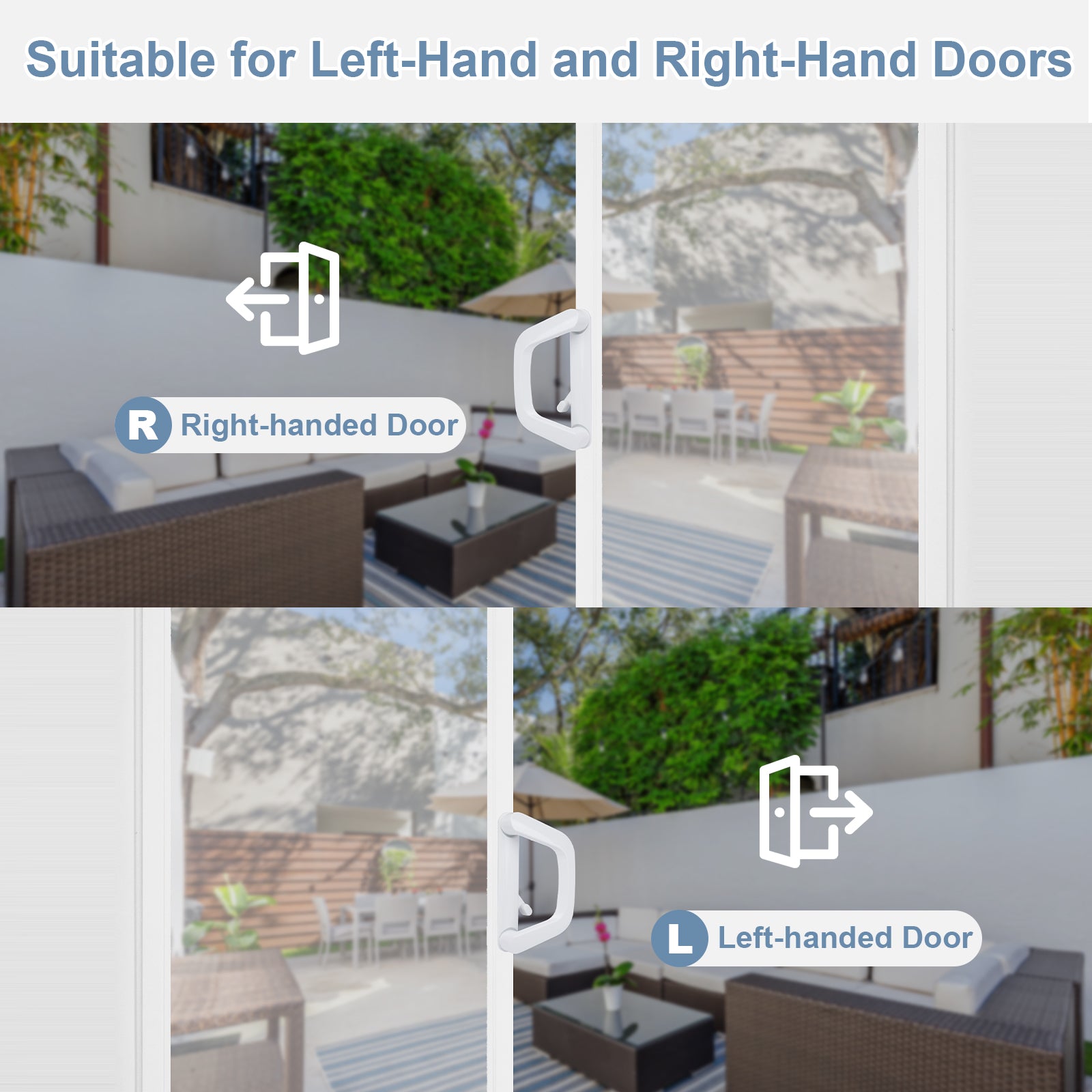 Outdoor patio area with furniture and a door suitable for left-hand and right-hand installation.