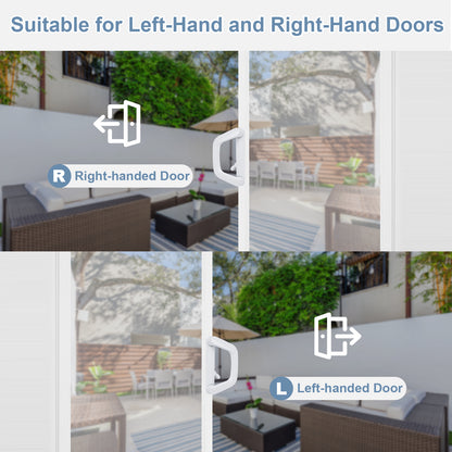 Outdoor patio area with furniture and a door suitable for left-hand and right-hand installation.