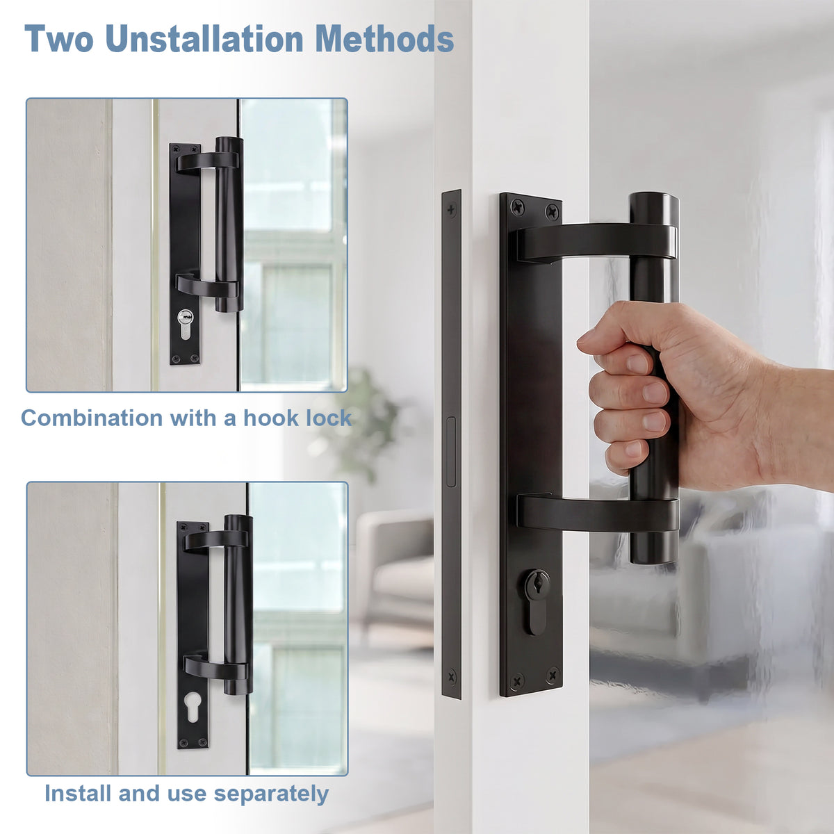 A matte black door handle set shown installed on a white door, with a hand gripping the handle. The image includes two inset examples labeled 'Two Installation Methods' showing combination hook lock and separate installation.