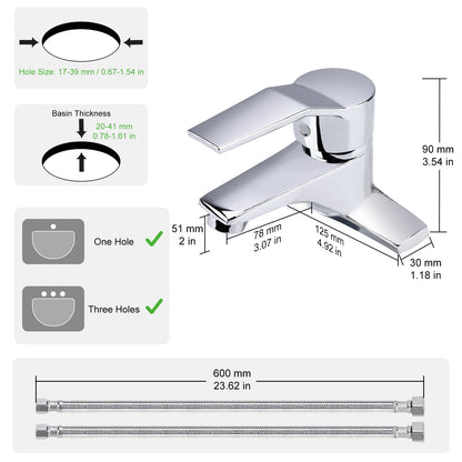 Chrome bathroom faucet with dimensions and installation guidelines on a white background