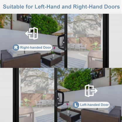 Instruction graphic showing a sliding door handle with arrows labeled for Left-Hand and Right-Hand Doors, with two panels demonstrating R and L door compatibility over a patio background.