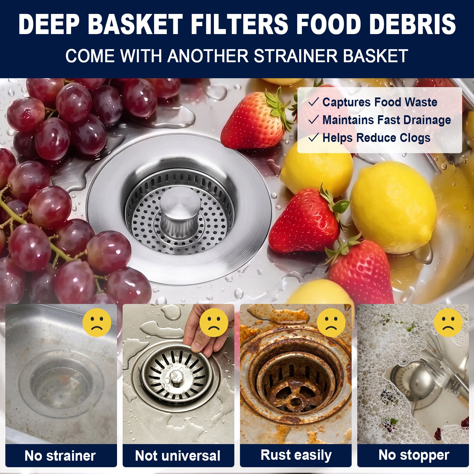 A stainless steel kitchen sink drain strainer basket shown in a sink with grapes, strawberries, and lemons, with marketing text and four small before/after drain condition panels along the bottom.
