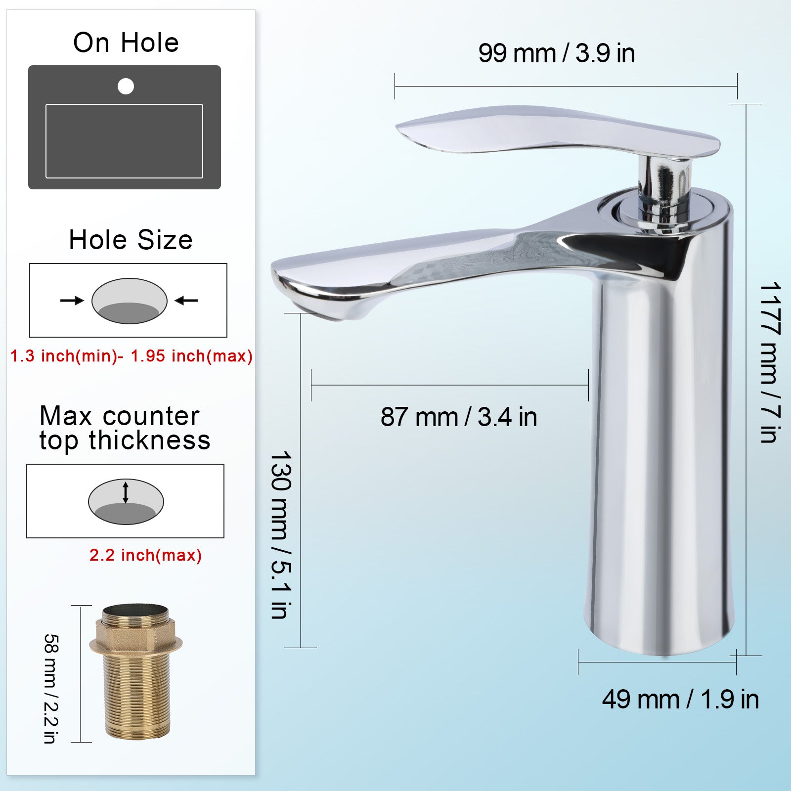 Chrome bathroom faucet with dimensions and installation guidelines on a white background