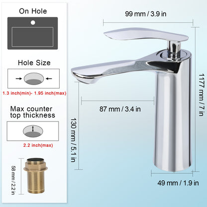 Chrome bathroom faucet with dimensions and installation guidelines on a white background