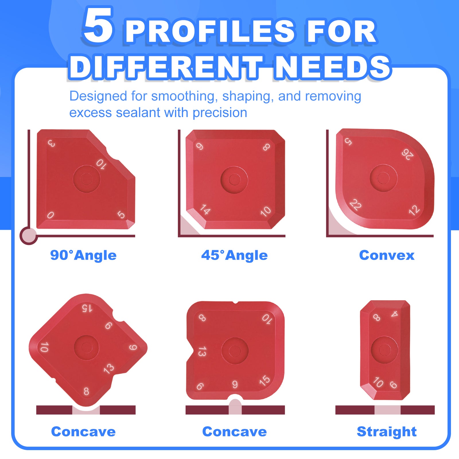 Red profiles for smoothing, shaping, and removing excess sealant with text on a blue background