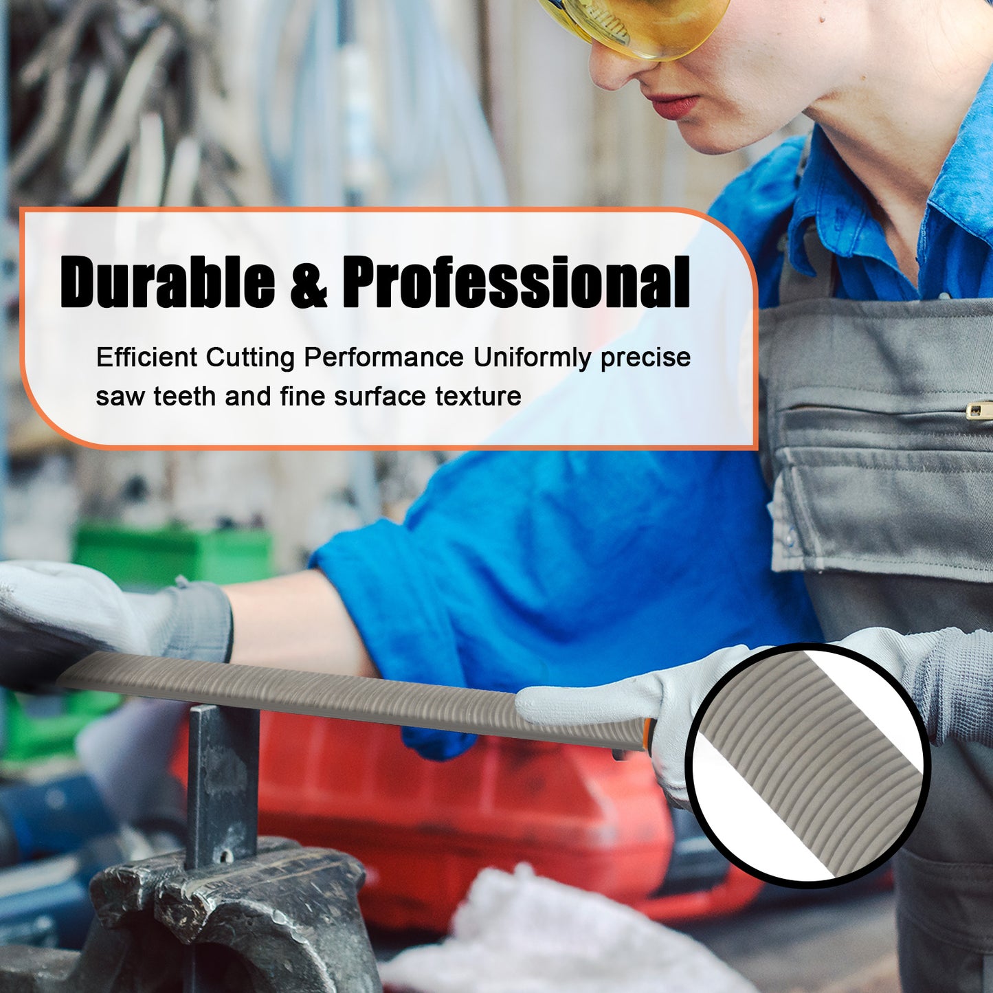 Person using a power tool with text highlighting durability and performance