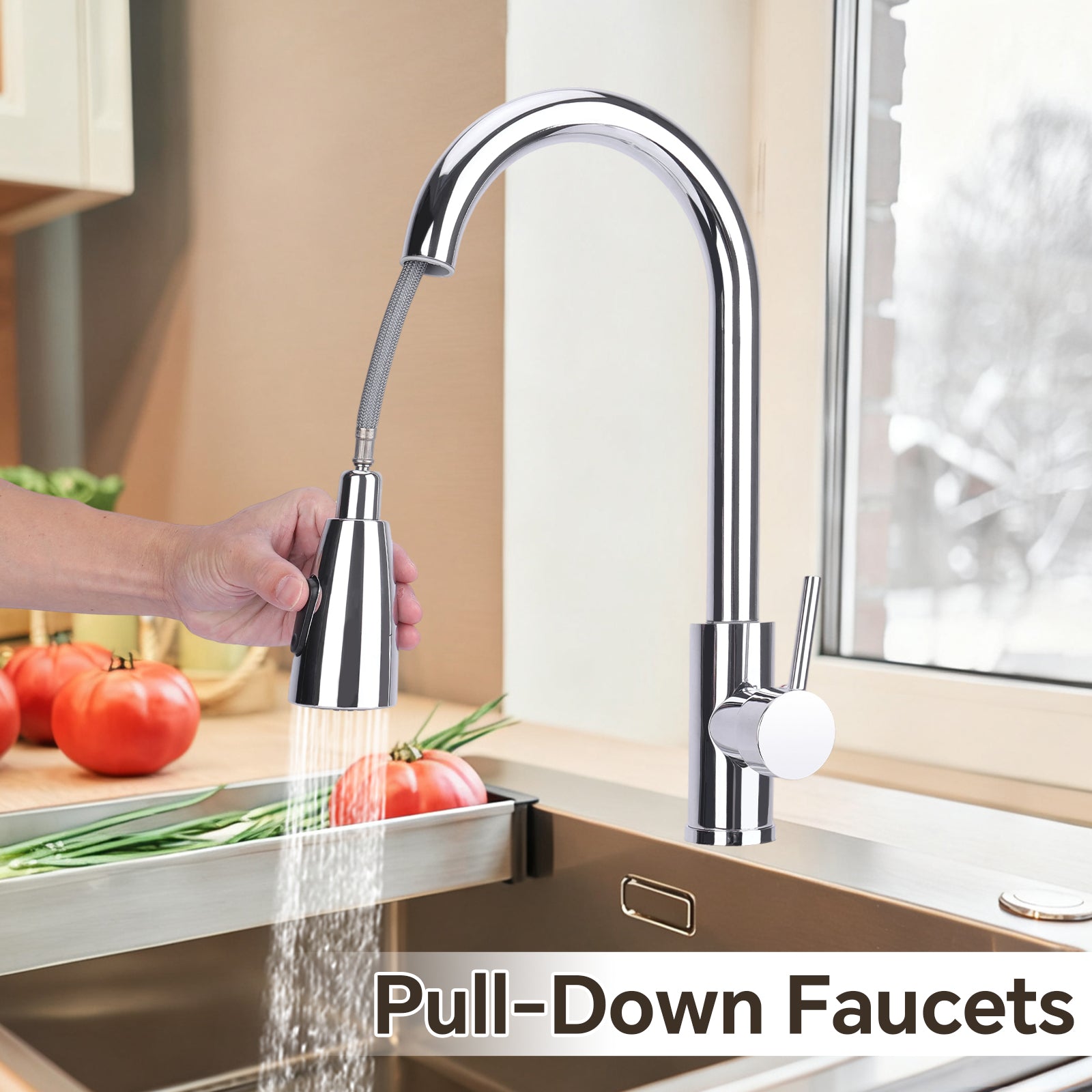 Pull-down faucet in a kitchen setting with a hand holding the nozzle.