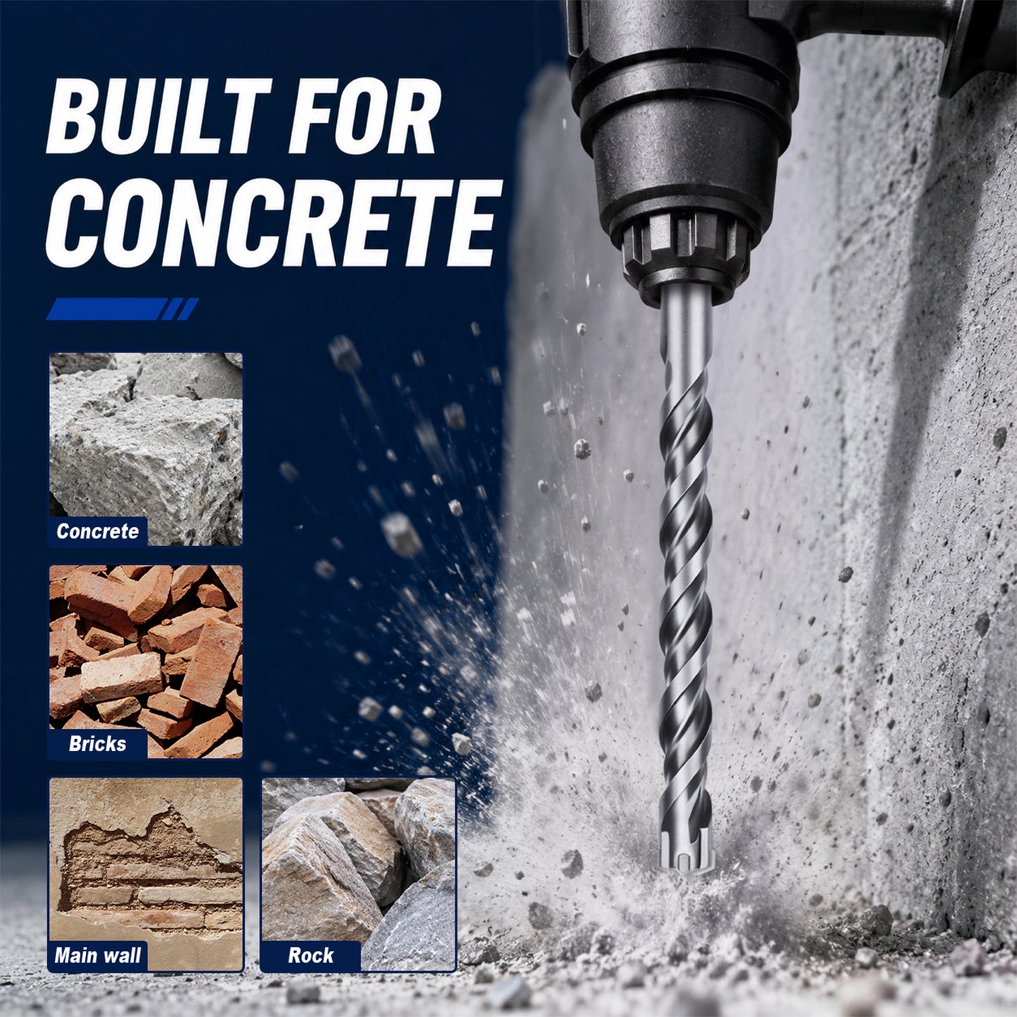 A heavy-duty twist drill bit shown in action, drilling into a concrete wall with debris flying. The left side features a dark blue graphic with the text 'BUILT FOR CONCRETE' and small inset images labeled 'Concrete', 'Bricks', 'Main wall', and 'Rock'.