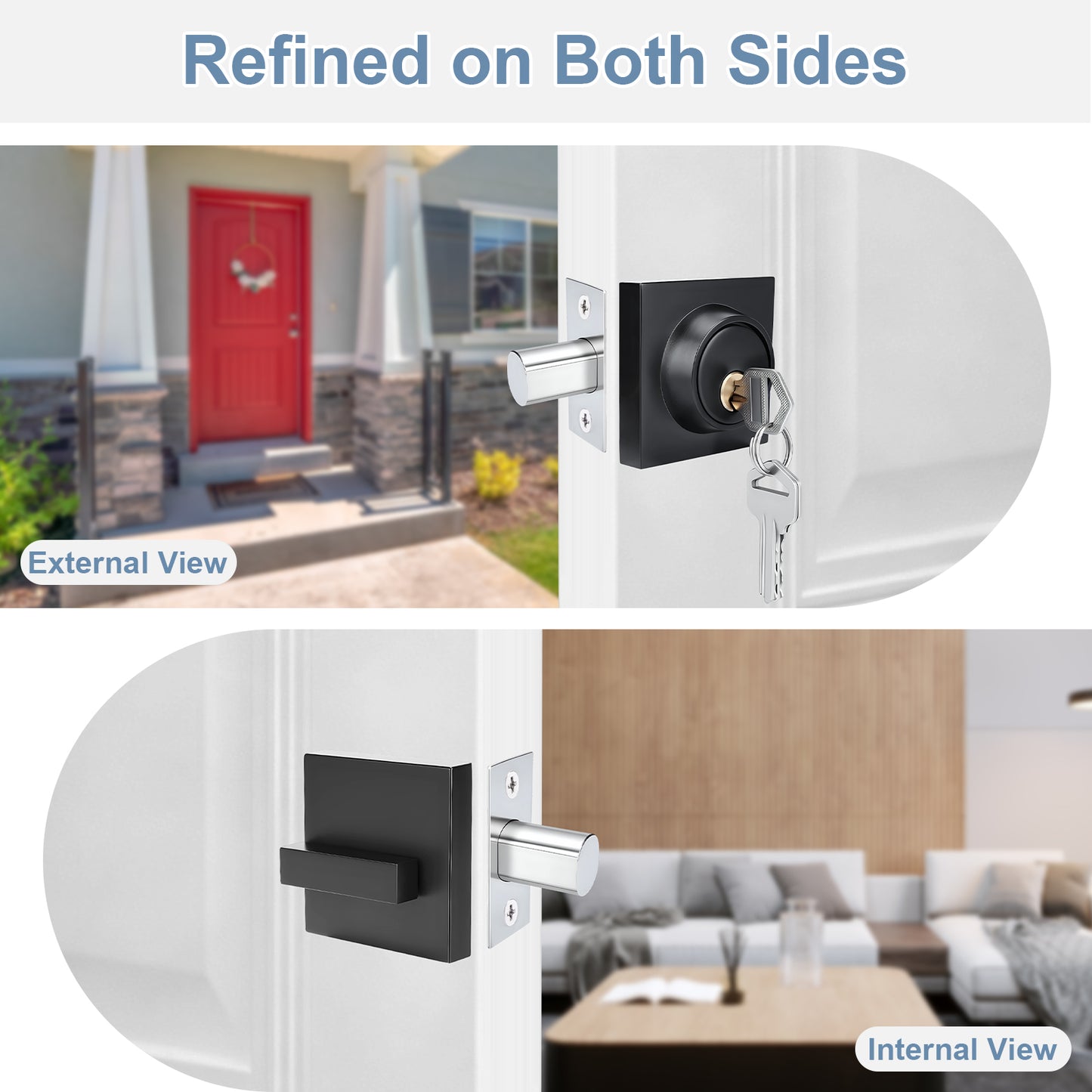 Door handle and lock system with external and internal views on a white background.