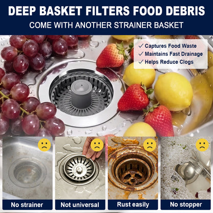 A kitchen sink drain with a dark gray basket strainer, surrounded by grapes, strawberries, and lemons. The image includes marketing text reading 'DEEP BASKET FILTERS FOOD DEBRIS' and four smaller panels at the bottom showing sink drain conditions with sad face icons.