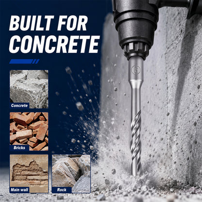 A close-up of a metal core drill bit drilling into a rough concrete wall, with large text reading 'BUILT FOR CONCRETE' and small inset images showing concrete, bricks, a main wall, and rock as materials it is designed for.