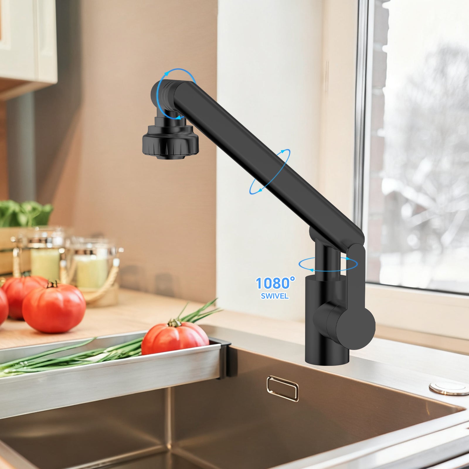 Black kitchen faucet with adjustable arm over a sink in a kitchen setting.