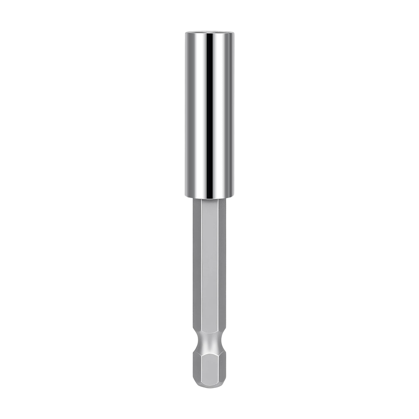 A chrome hex shank tool bit with a polished cylindrical end, shown vertically against a plain white background.