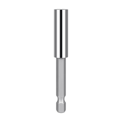 A chrome hex shank tool bit with a polished cylindrical end, shown vertically against a plain white background.