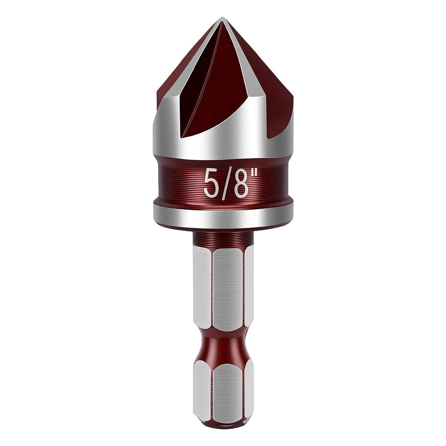 Red and silver drill bit with '5/8"' marking on a white background