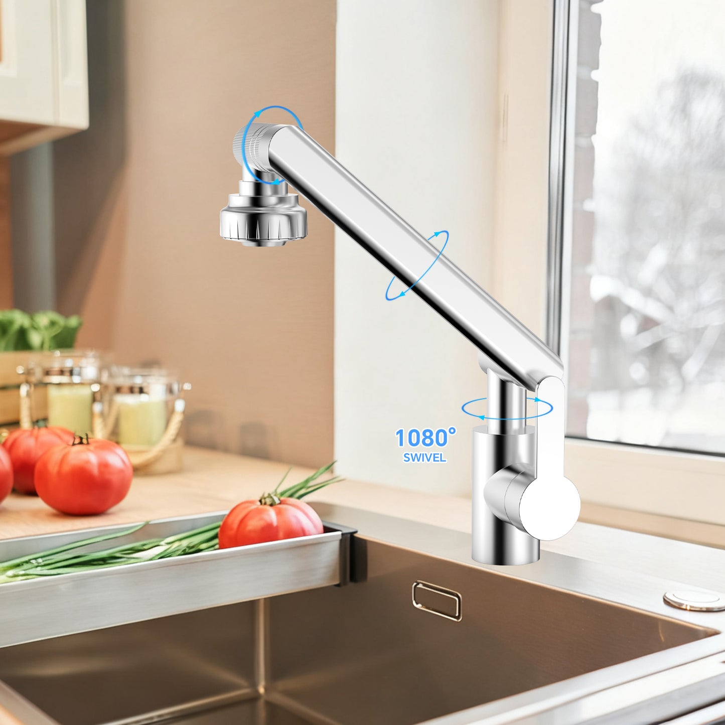 Modern kitchen faucet with a 1080-degree swivel feature in a kitchen setting.