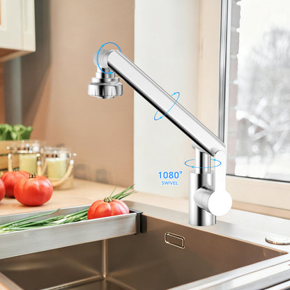 Modern kitchen faucet with a 1080-degree swivel feature in a kitchen setting.