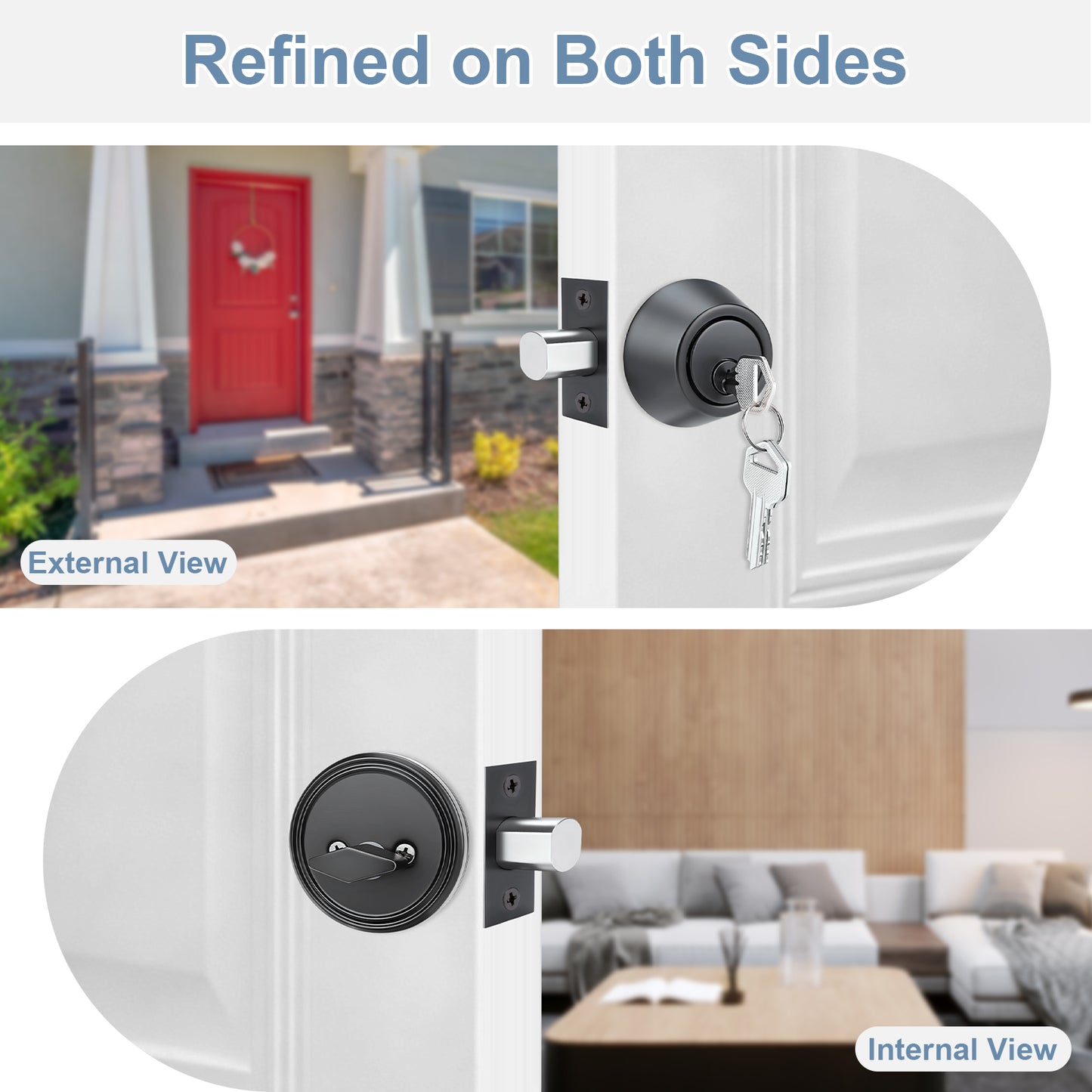 Door handle and lock system with external and internal views on a white background.