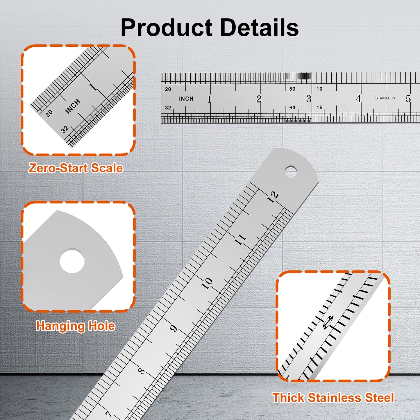 Measurement tool with zero-start scale, hanging hole, and thick stainless steel features on a gray background.