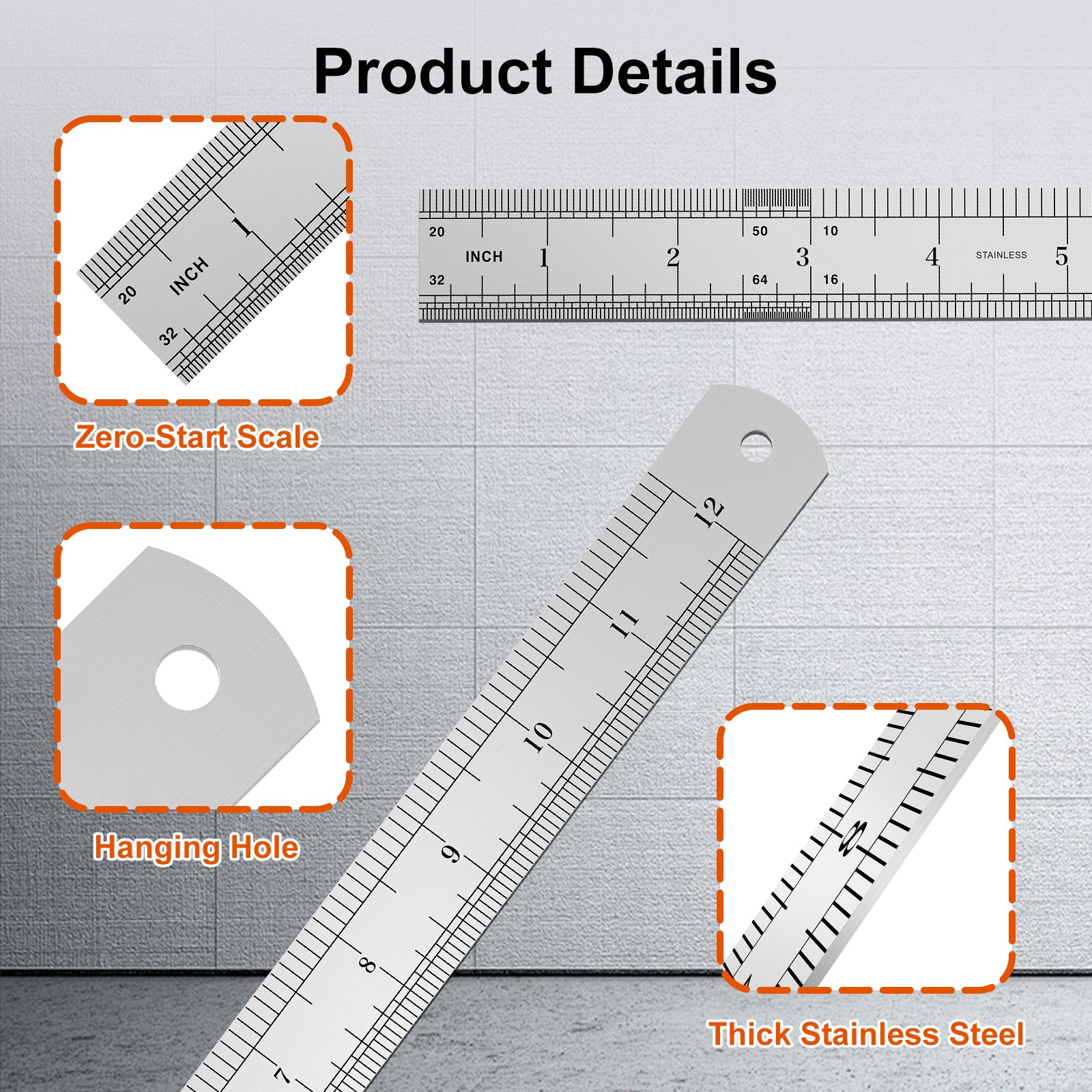 Measurement tool with zero-start scale, hanging hole, and thick stainless steel features on a gray background.