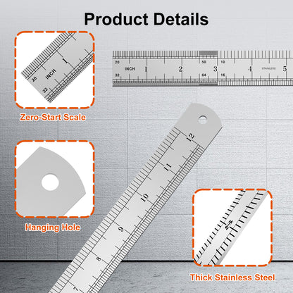 Measurement tool with zero-start scale, hanging hole, and thick stainless steel features on a gray background.