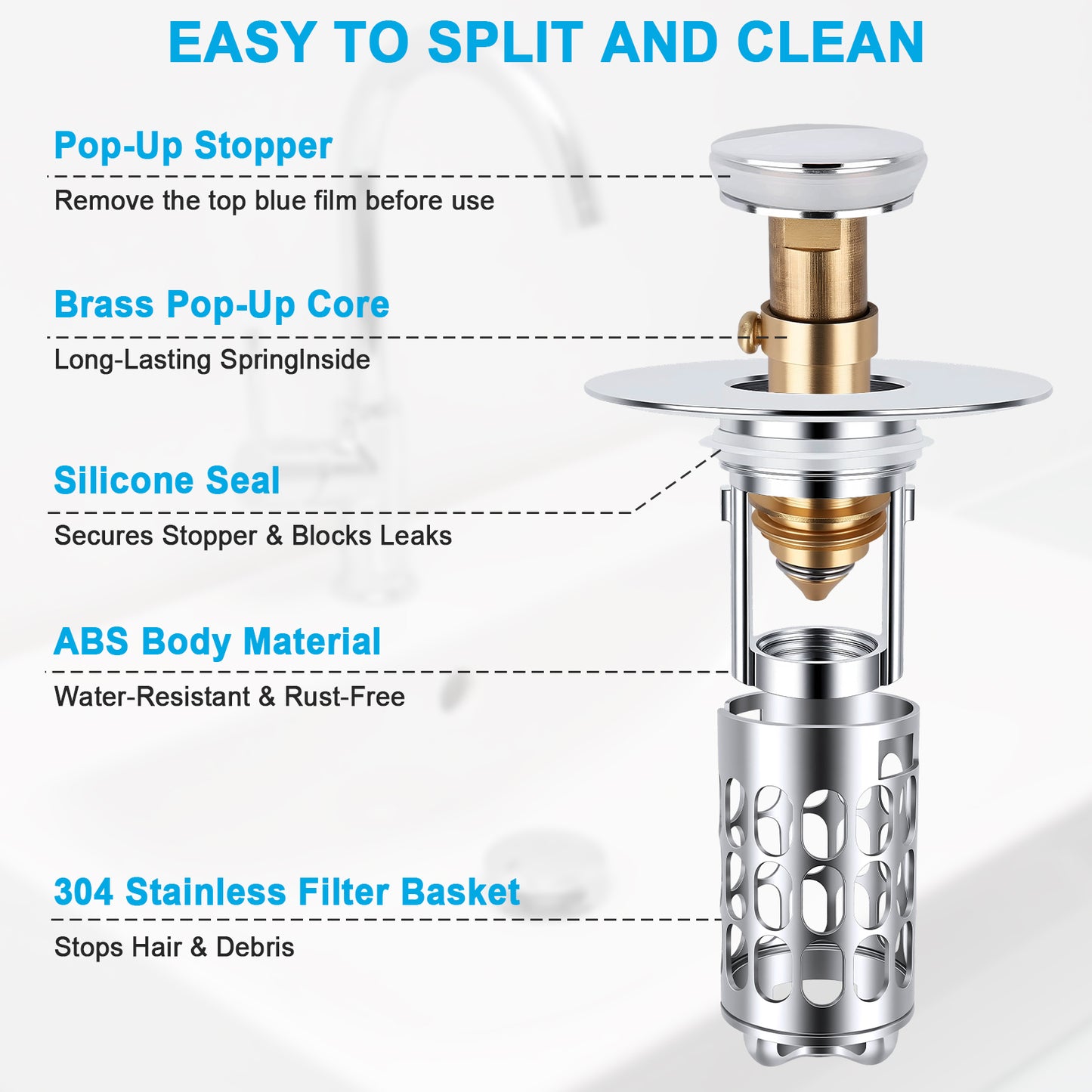 A drain filter with labeled callouts explaining its parts: Pop-Up Stopper, Brass Pop-Up Core, Silicone Seal, ABS Body Material, and 304 Stainless Filter Basket, on a white background.