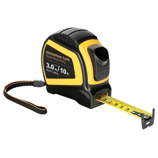 Yellow and black measuring tape on a white background