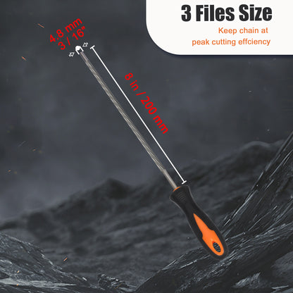 Chain file with measurements on a dark background