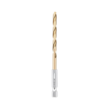 Drill bit with gold shank and silver ferrule on a white background
