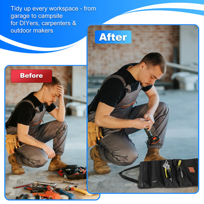 Before and after comparison of a person tidying up a workspace with tools.