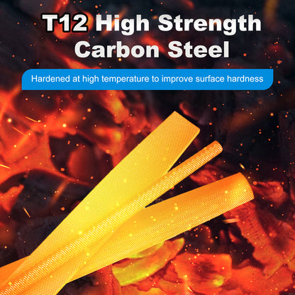 T12 High Strength Carbon Steel with glowing yellow color against a fiery background