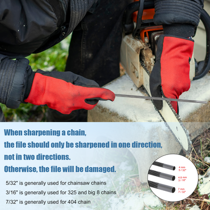 Person sharpening a chainsaw chain with text on proper sharpening techniques.