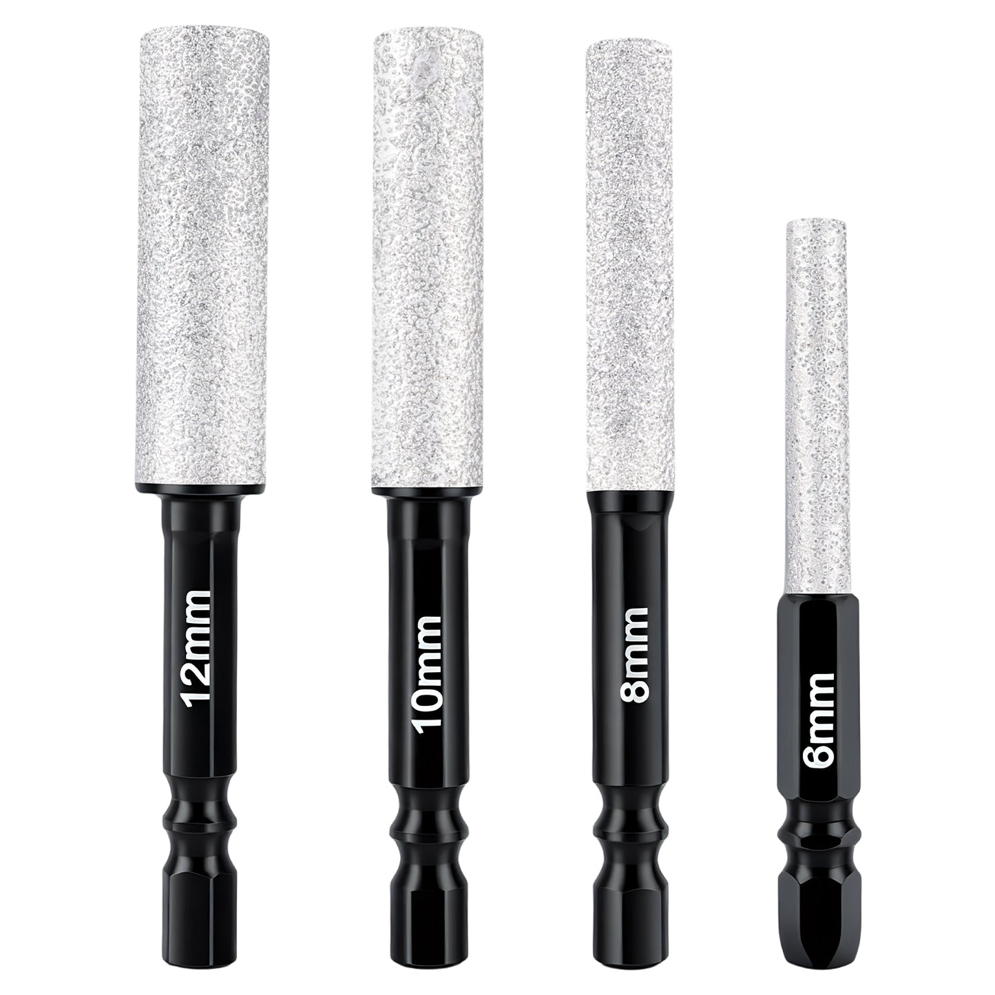 Set of four diamond sanding sticks with different diameters on a white background